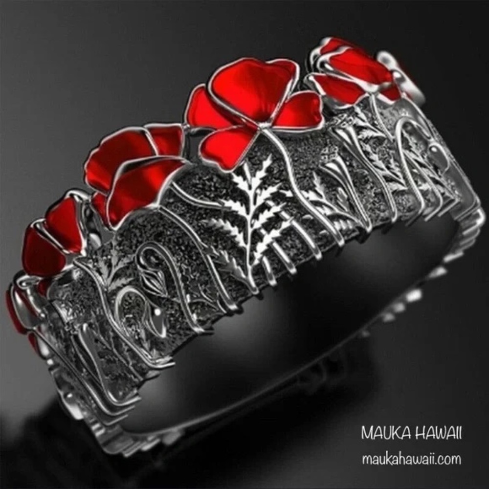 Red Enamel Flower Rose & Dark Matte Band Ring Modern Retro Vintage Size 7 8 9 10